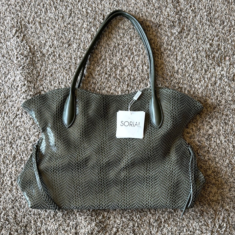 NWT Sorial Rubina Dark Olive Women's Tote‎ Snakeskin Genuine Leather